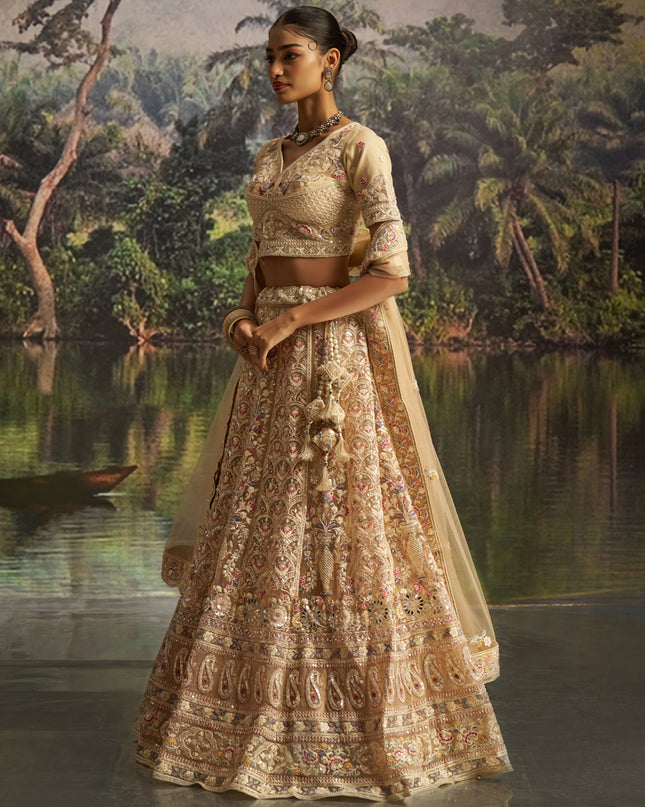 Attractive Cream Soft Embroidered Net Designer Wedding Lehenga Choli Set