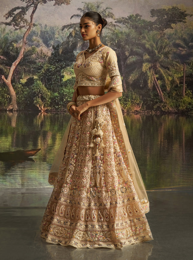 Attractive Cream Soft Embroidered Net Designer Wedding Lehenga Choli Set