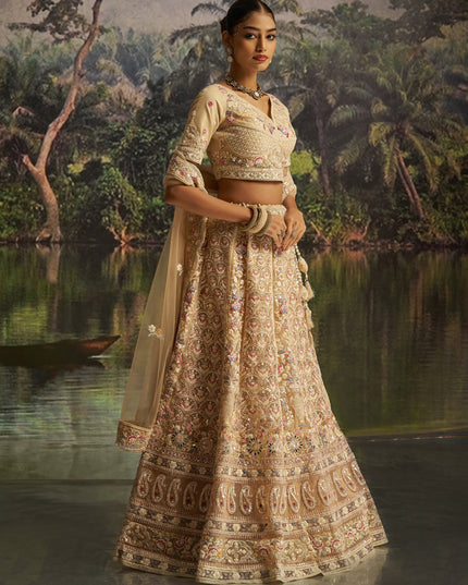 Attractive Cream Soft Embroidered Net Designer Wedding Lehenga Choli Set