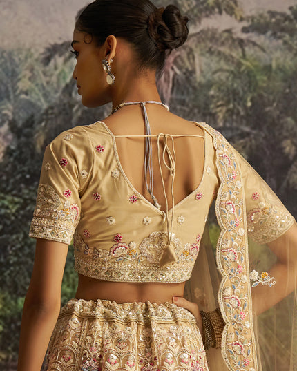 Attractive Cream Soft Embroidered Net Designer Wedding Lehenga Choli Set