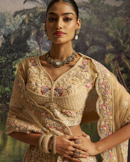 Attractive Cream Soft Embroidered Net Designer Wedding Lehenga Choli Set