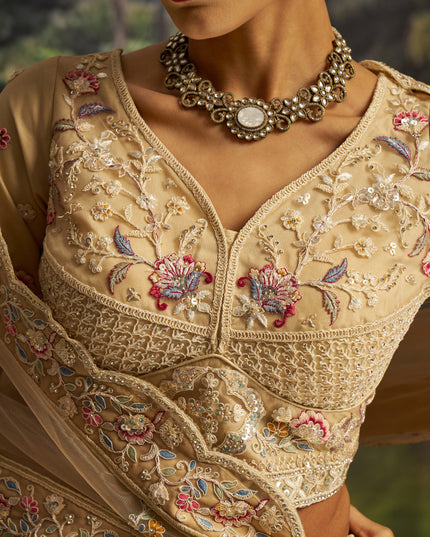 Attractive Cream Soft Embroidered Net Designer Wedding Lehenga Choli Set