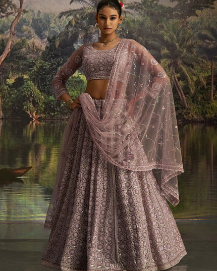 Stylish Dusty Mauve Soft Embroidered Net Designer Wedding Lehenga Choli Set