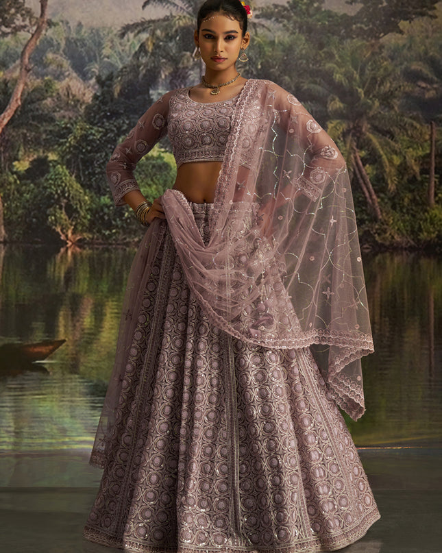 Stylish Dusty Mauve Soft Embroidered Net Designer Wedding Lehenga Choli Set