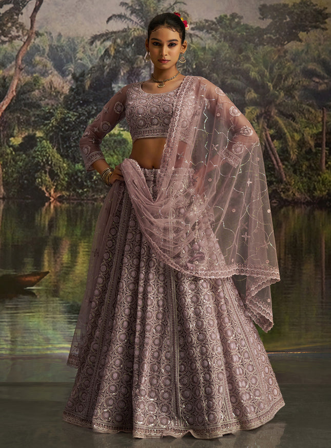Stylish Dusty Mauve Soft Embroidered Net Designer Wedding Lehenga Choli Set