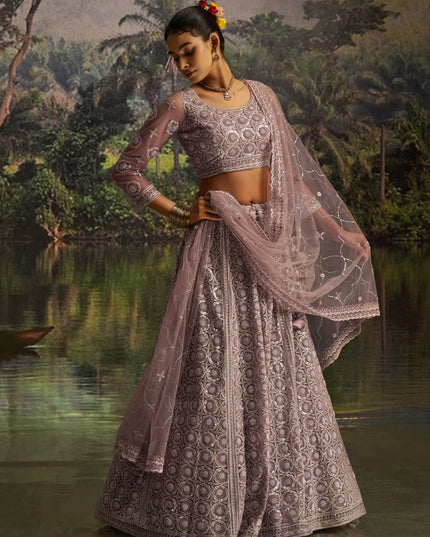 Stylish Dusty Mauve Soft Embroidered Net Designer Wedding Lehenga Choli Set
