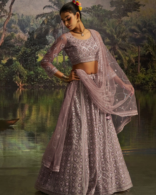Stylish Dusty Mauve Soft Embroidered Net Designer Wedding Lehenga Choli Set