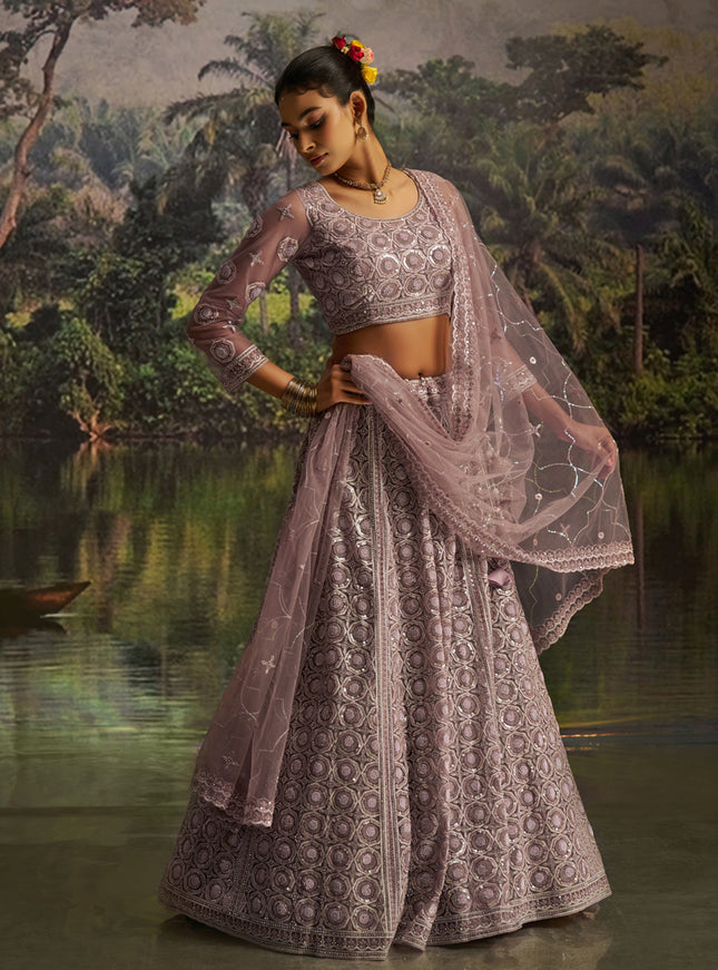 Stylish Dusty Mauve Soft Embroidered Net Designer Wedding Lehenga Choli Set