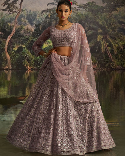 Stylish Dusty Mauve Soft Embroidered Net Designer Wedding Lehenga Choli Set
