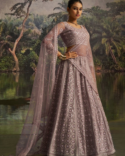 Stylish Dusty Mauve Soft Embroidered Net Designer Wedding Lehenga Choli Set