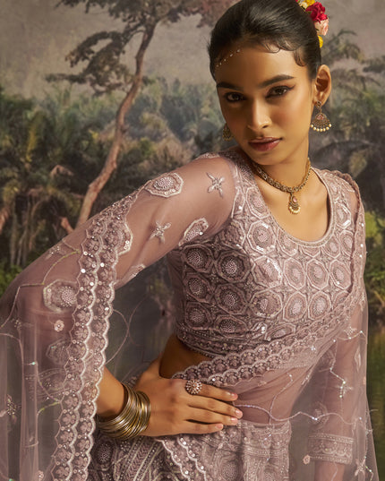 Stylish Dusty Mauve Soft Embroidered Net Designer Wedding Lehenga Choli Set