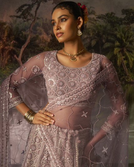 Stylish Dusty Mauve Soft Embroidered Net Designer Wedding Lehenga Choli Set