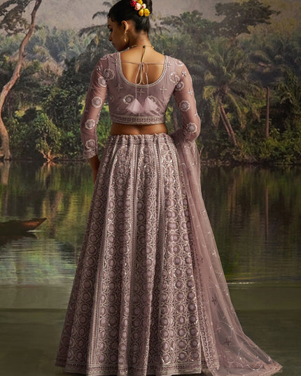 Stylish Dusty Mauve Soft Embroidered Net Designer Wedding Lehenga Choli Set