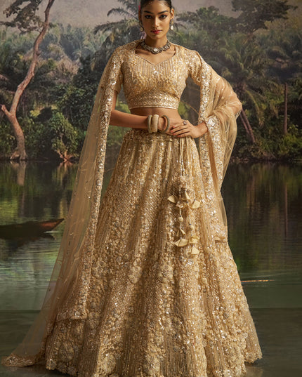 Amazing Beige Soft Embroidered Net Designer Wedding Lehenga Choli Set
