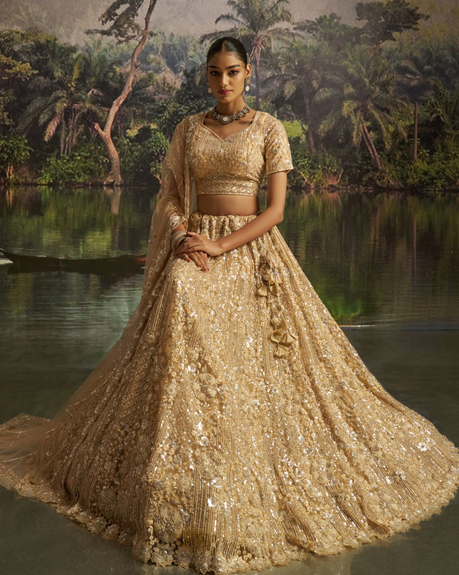 Amazing Beige Soft Embroidered Net Designer Wedding Lehenga Choli Set