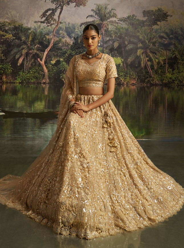 Amazing Beige Soft Embroidered Net Designer Wedding Lehenga Choli Set