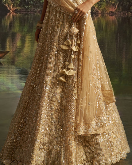 Amazing Beige Soft Embroidered Net Designer Wedding Lehenga Choli Set