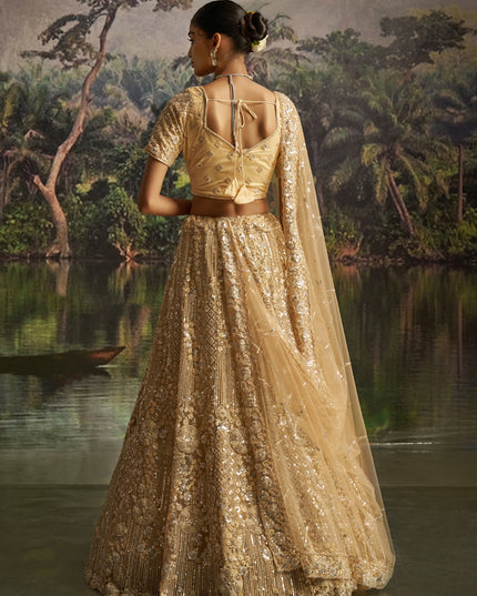 Amazing Beige Soft Embroidered Net Designer Wedding Lehenga Choli Set
