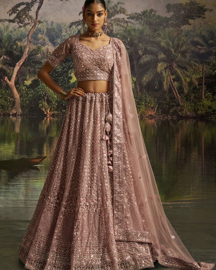 Delicate Peach Soft Embroidered Net Designer Wedding Lehenga Choli Set