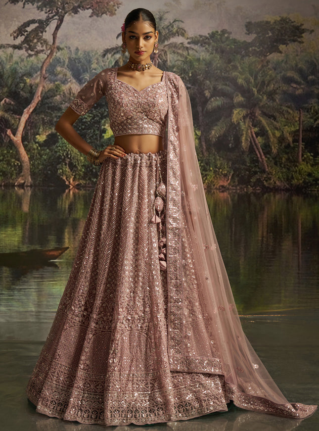 Delicate Peach Soft Embroidered Net Designer Wedding Lehenga Choli Set