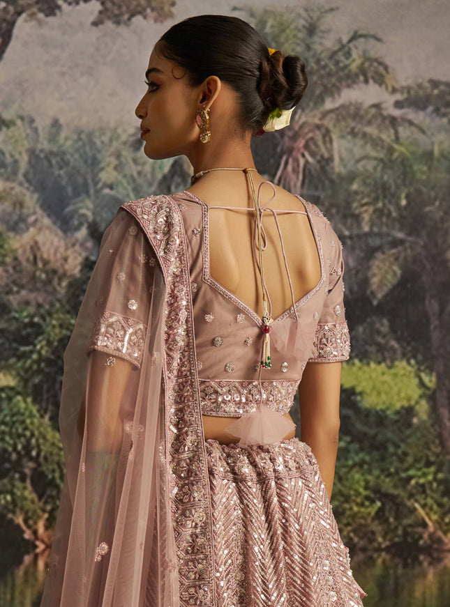 Delicate Peach Soft Embroidered Net Designer Wedding Lehenga Choli Set