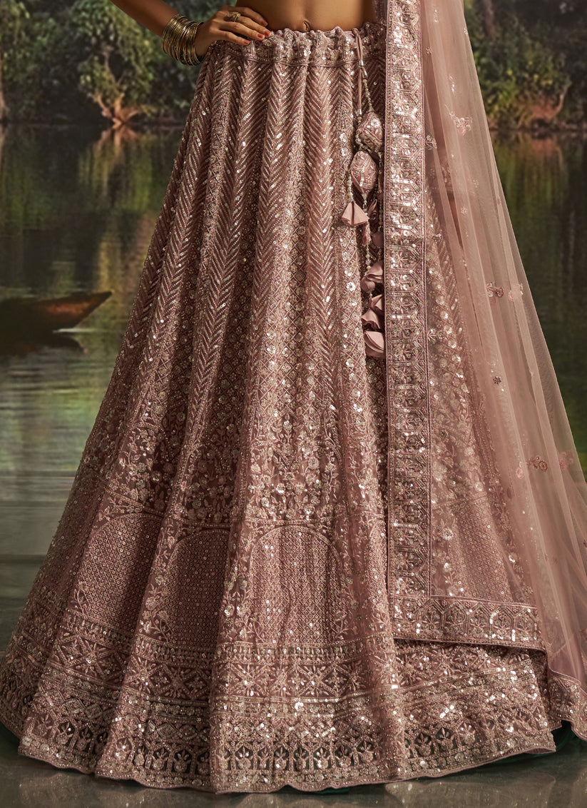 Delicate Peach Soft Embroidered Net Designer Wedding Lehenga Choli Set