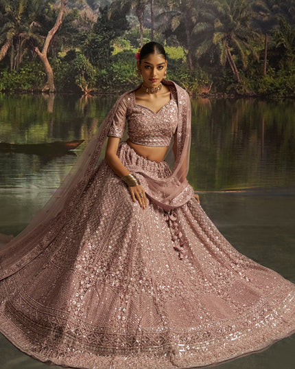 Delicate Peach Soft Embroidered Net Designer Wedding Lehenga Choli Set