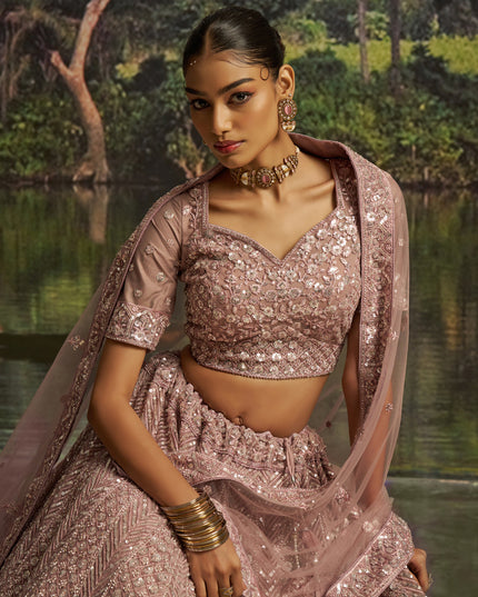 Delicate Peach Soft Embroidered Net Designer Wedding Lehenga Choli Set