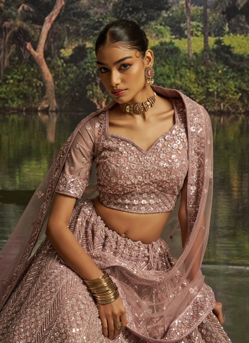 Delicate Peach Soft Embroidered Net Designer Wedding Lehenga Choli Set