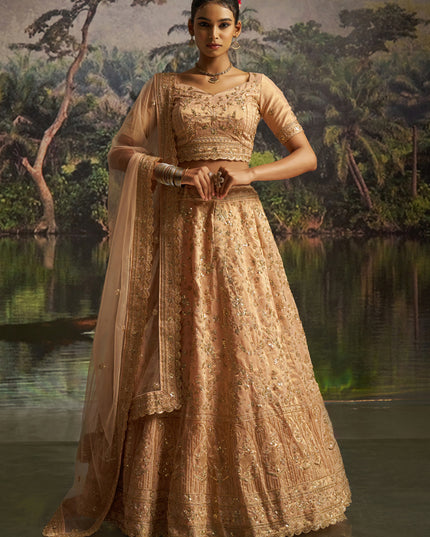 Sweet Golden Soft Embroidered Net Designer Wedding Lehenga Choli Set