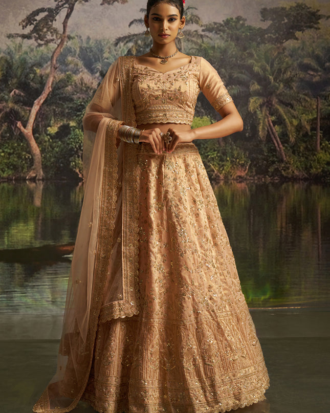 Sweet Golden Soft Embroidered Net Designer Wedding Lehenga Choli Set