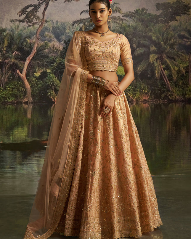 Sweet Golden Soft Embroidered Net Designer Wedding Lehenga Choli Set