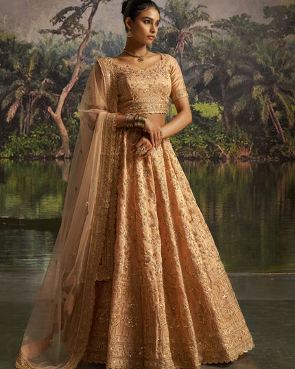 Sweet Golden Soft Embroidered Net Designer Wedding Lehenga Choli Set