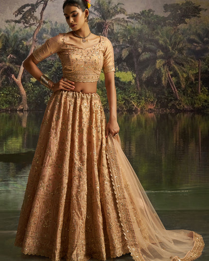 Sweet Golden Soft Embroidered Net Designer Wedding Lehenga Choli Set