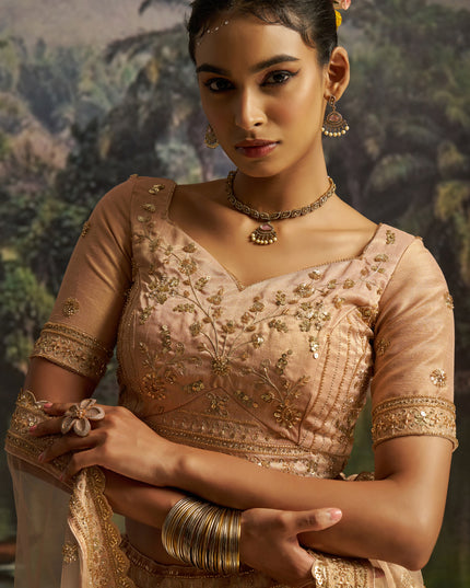 Sweet Golden Soft Embroidered Net Designer Wedding Lehenga Choli Set