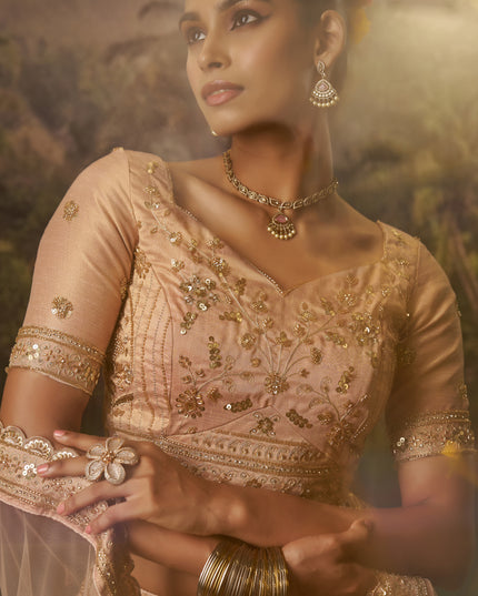 Sweet Golden Soft Embroidered Net Designer Wedding Lehenga Choli Set