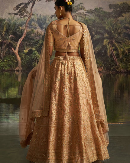 Sweet Golden Soft Embroidered Net Designer Wedding Lehenga Choli Set