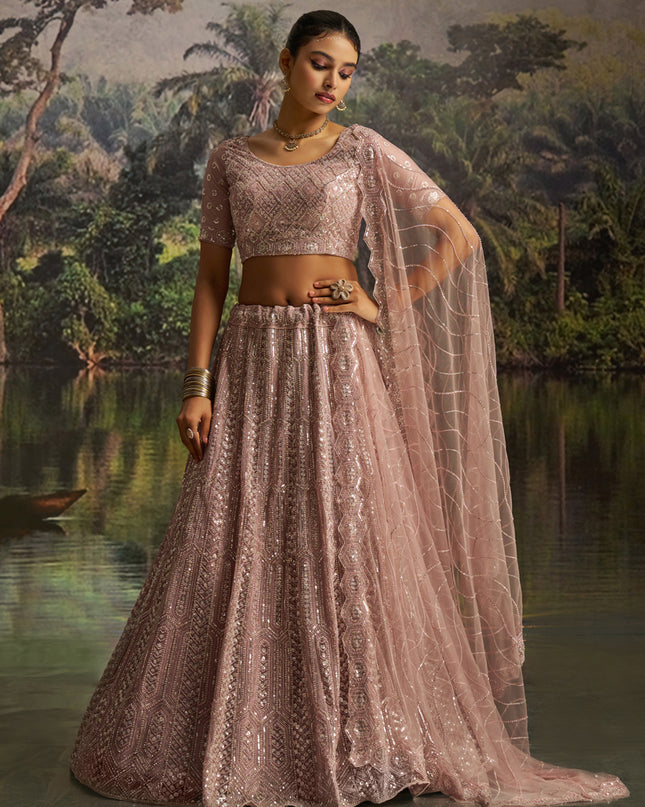 Adorable Blush Pink Soft Embroidered Net Designer Wedding Lehenga Choli Set