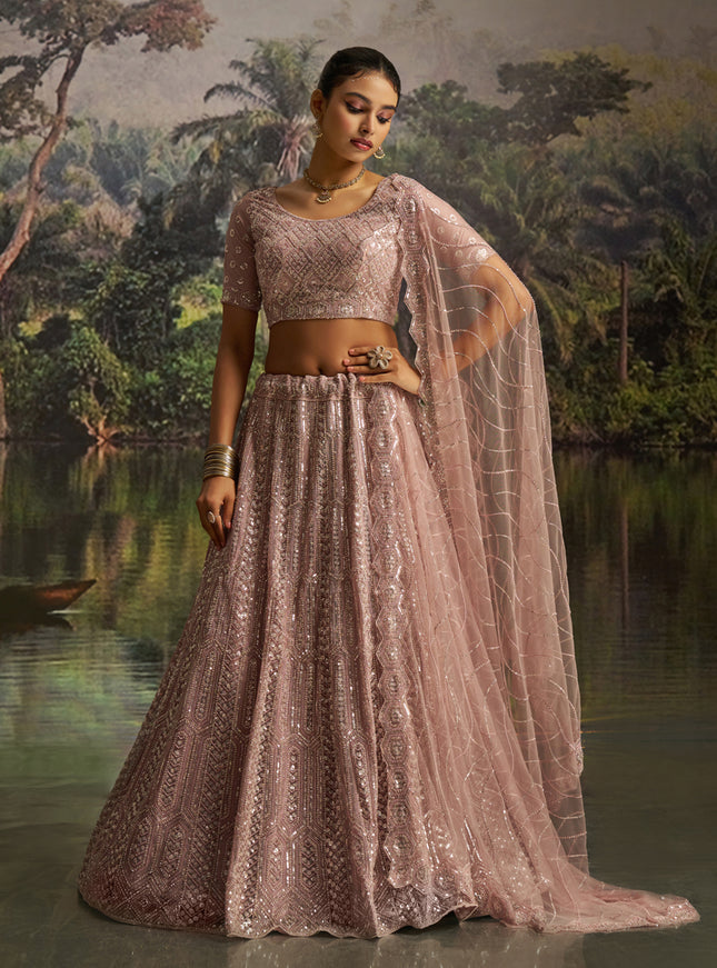 Adorable Blush Pink Soft Embroidered Net Designer Wedding Lehenga Choli Set