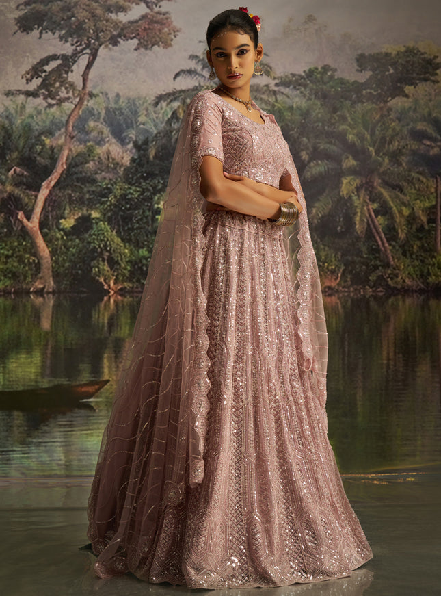 Adorable Blush Pink Soft Embroidered Net Designer Wedding Lehenga Choli Set