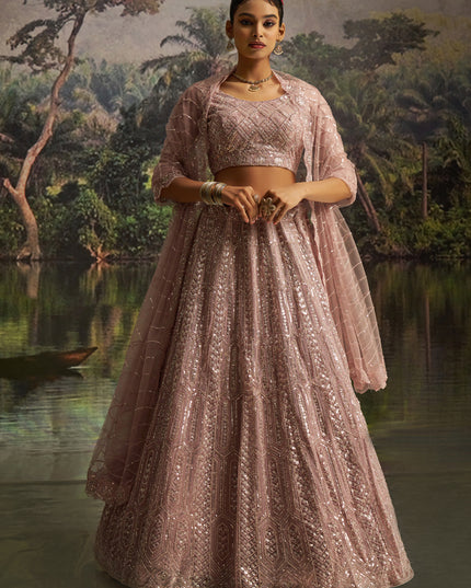 Adorable Blush Pink Soft Embroidered Net Designer Wedding Lehenga Choli Set