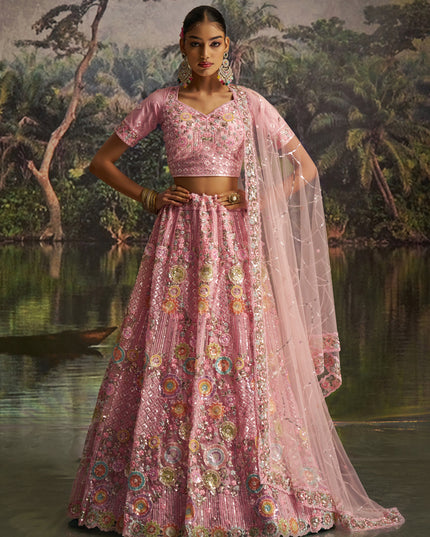 Alluring Rose Pink Soft Embroidered Net Designer Wedding Lehenga Choli Set