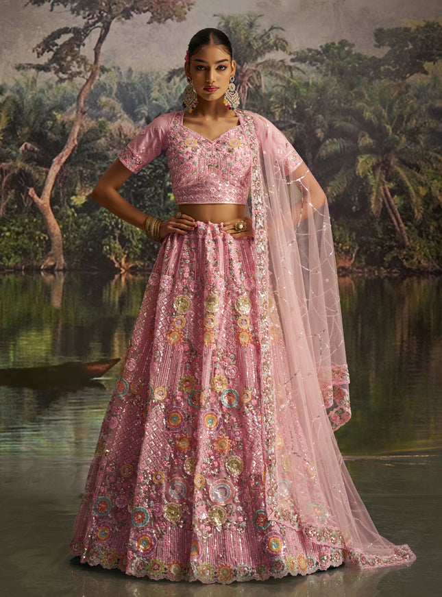 Alluring Rose Pink Soft Embroidered Net Designer Wedding Lehenga Choli Set