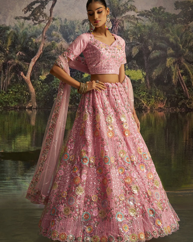 Alluring Rose Pink Soft Embroidered Net Designer Wedding Lehenga Choli Set