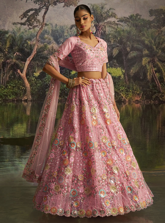 Alluring Rose Pink Soft Embroidered Net Designer Wedding Lehenga Choli Set