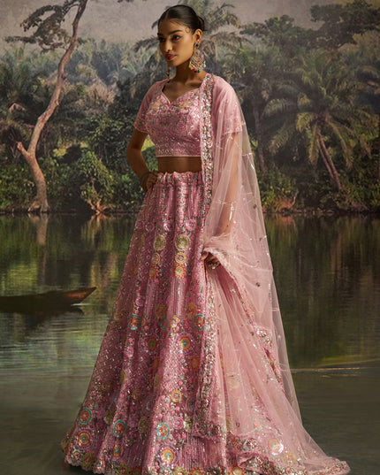 Alluring Rose Pink Soft Embroidered Net Designer Wedding Lehenga Choli Set