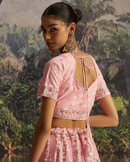 Alluring Rose Pink Soft Embroidered Net Designer Wedding Lehenga Choli Set