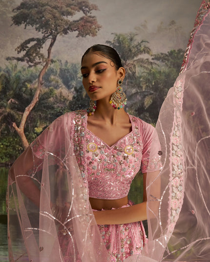 Alluring Rose Pink Soft Embroidered Net Designer Wedding Lehenga Choli Set
