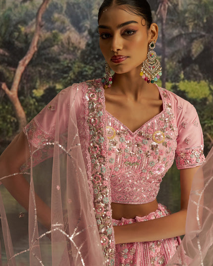 Alluring Rose Pink Soft Embroidered Net Designer Wedding Lehenga Choli Set
