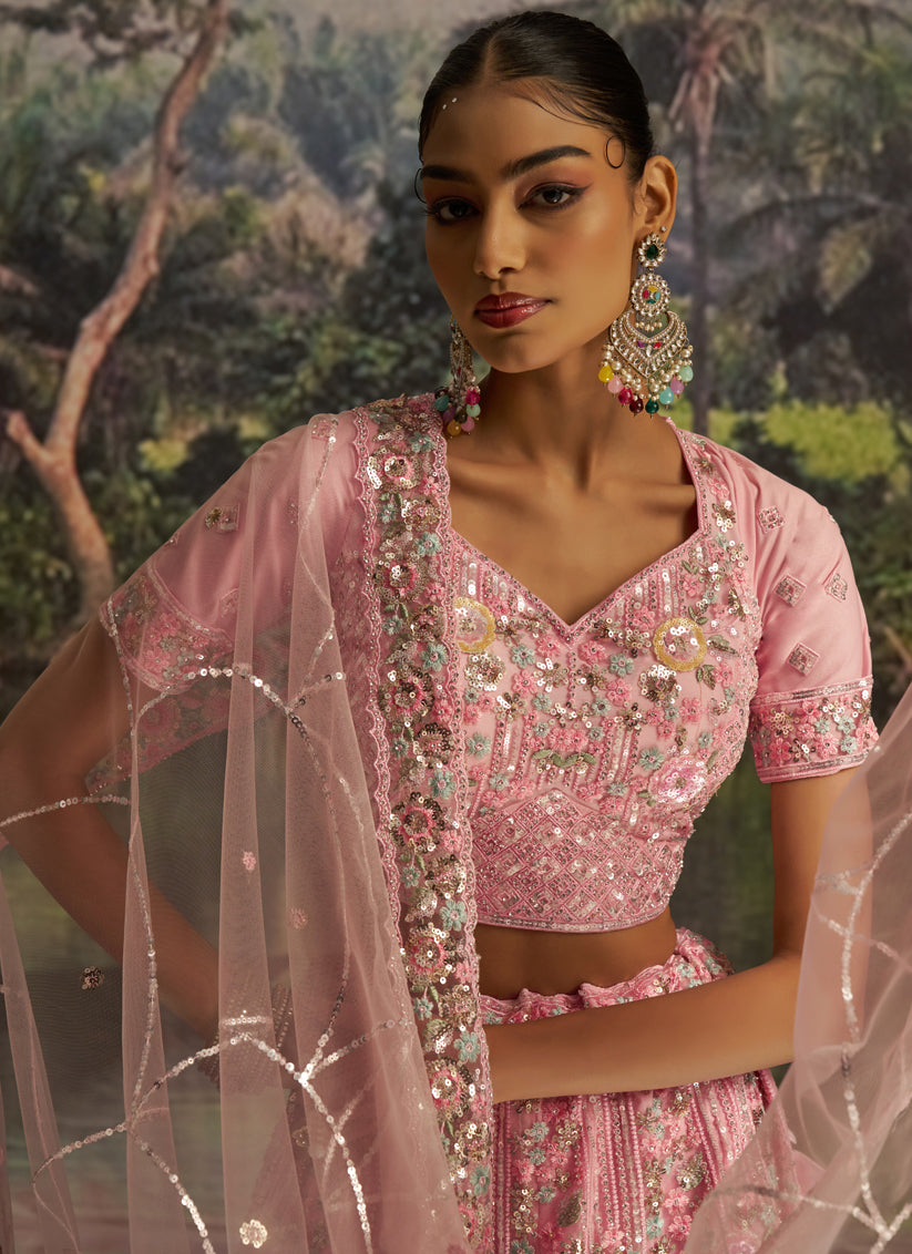 Alluring Rose Pink Soft Embroidered Net Designer Wedding Lehenga Choli Set